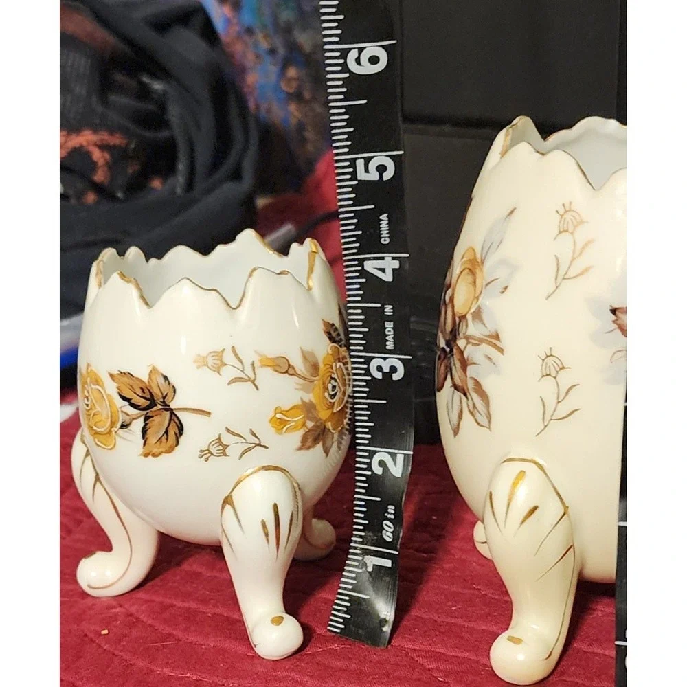 VTG Napcoware Vase Porcelain Egg Shaped 3 Footed Planters Set Floral Rose Decor